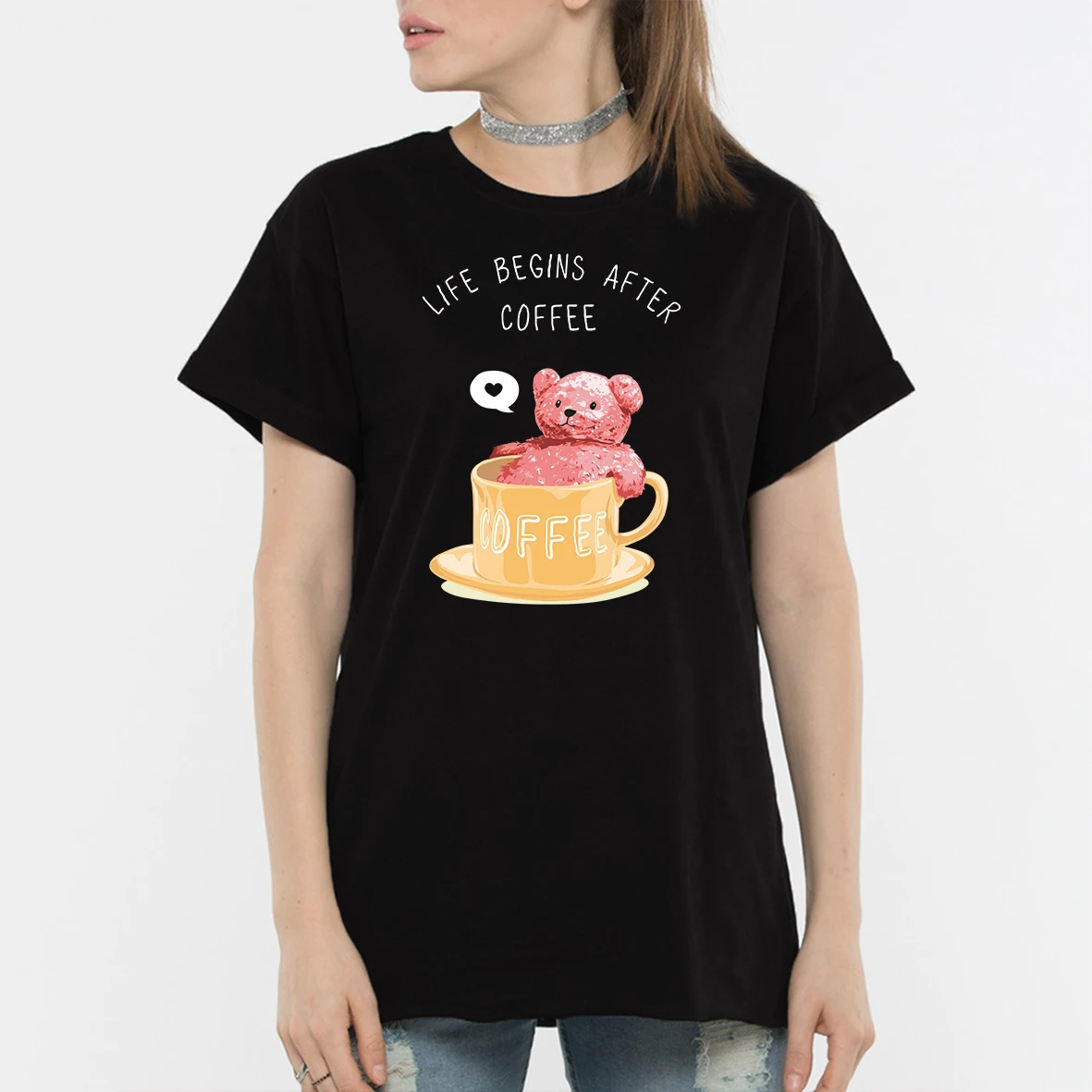 

BLINGPAW Teddy Bear Life Begins After Coffee Letter Print T-shirt White Cotton Unisex Tees Summer Custom Tee Shirts Graphic Tee