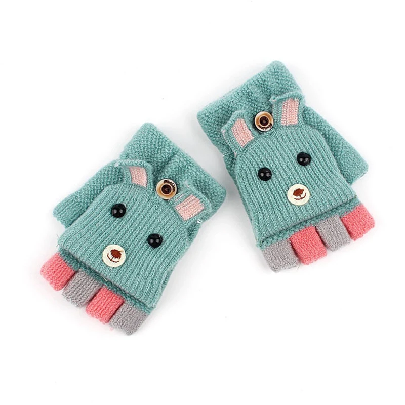 Winter Children Warm Gloves 3-8Y Cashmere Knit Flip Half Finger Gloves Cartoon Mittens For Boys Girls