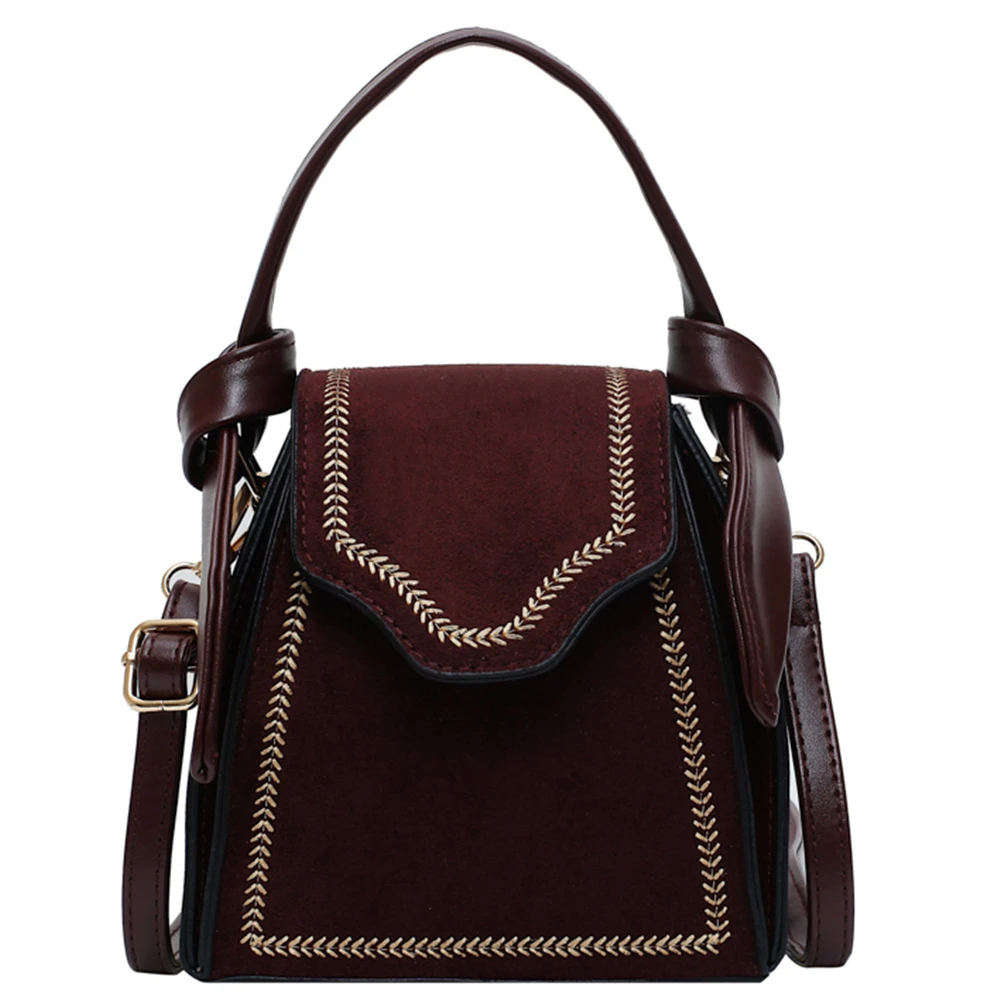 

Vintage Bucket Bag Women Handbag Matt Velvet Patchwork Leather Mini Lady Flap Bag Spike Thread Pattern Shoulder Crossbody Purse