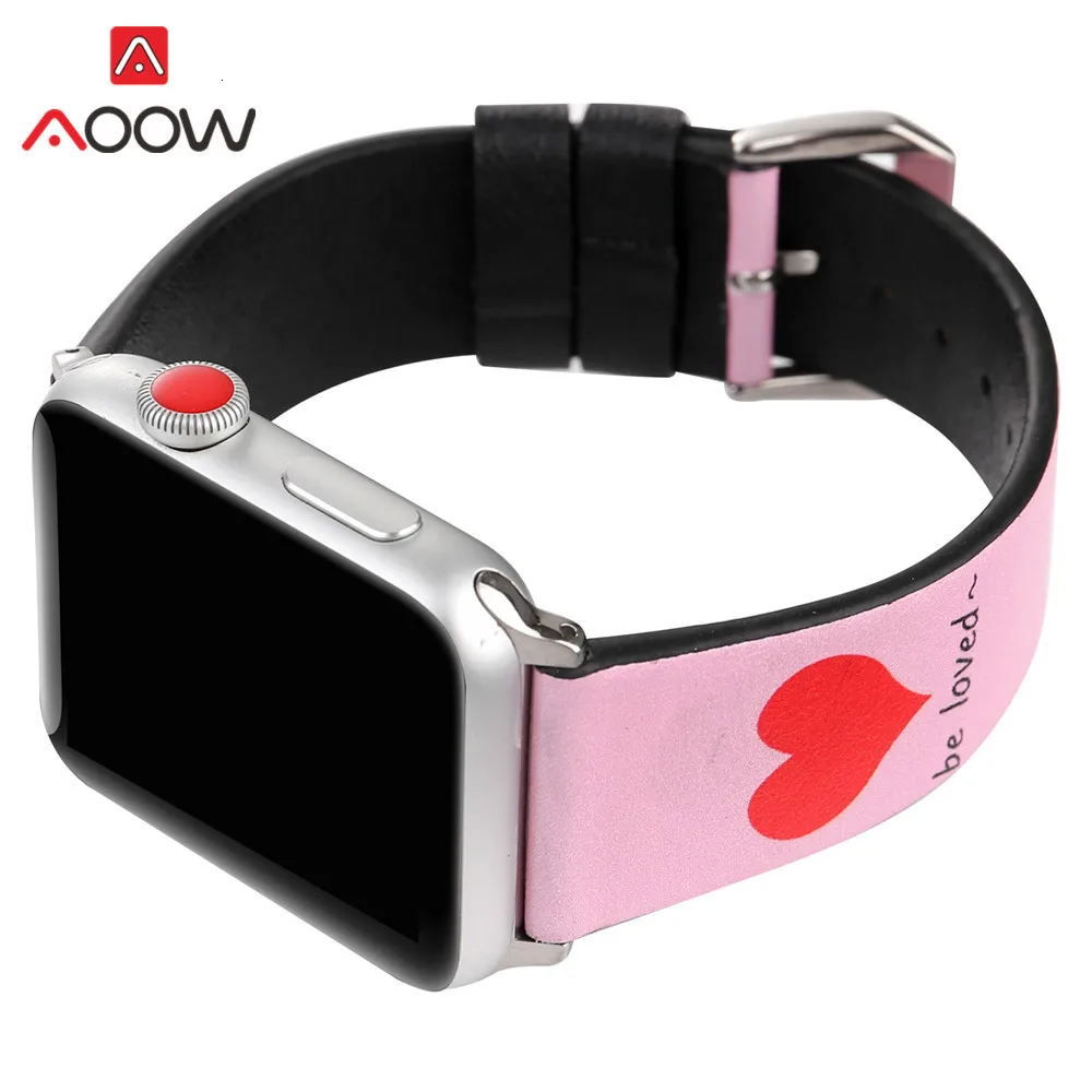 Ремешок для часов из натуральной кожи для Apple Watch 4, 5, 38 мм, 42 мм, 40 мм, 44 мм, с принтом сердца, мужской, женский браслет, ремешок для iwatch 1, 2, 3