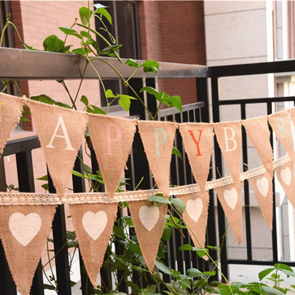 

320cm 13pcs Retro Jute Linen Streamer Letter Flag Banner Creative Colorful Birthday Party Ceiling Decoration Party Supplies
