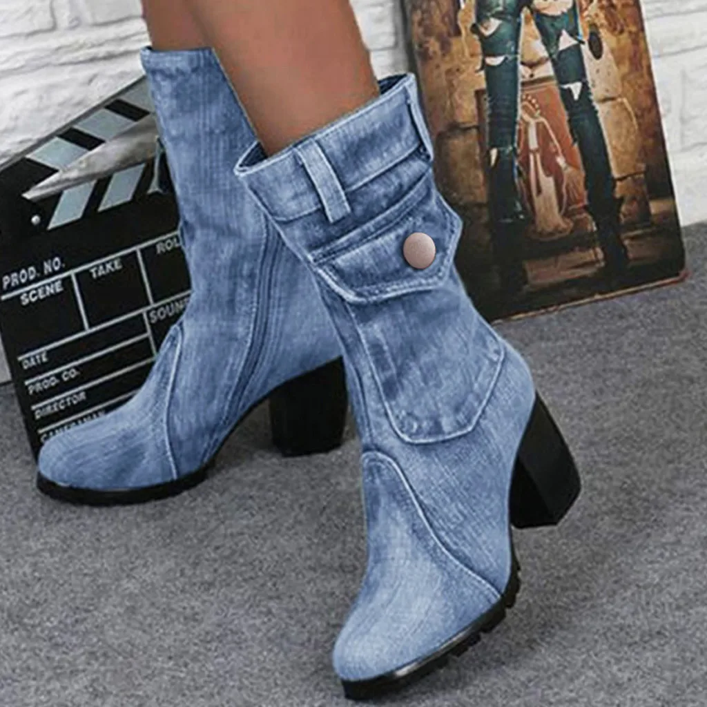 

New Autumn Winter Boots Women Shoes Hot Sale Calf High Boots Brand Designer Jeanas Botas Mujer Squared Heel Ladies Shoe