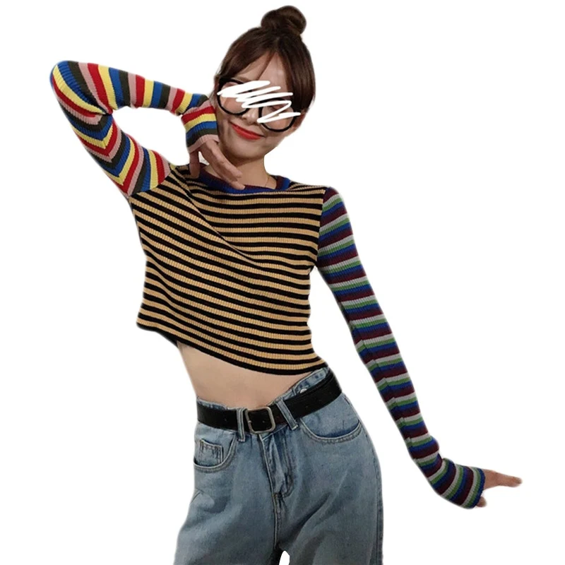 Осенняя женская футболка в полоску одежда стиле хип хоп Женская облегающая