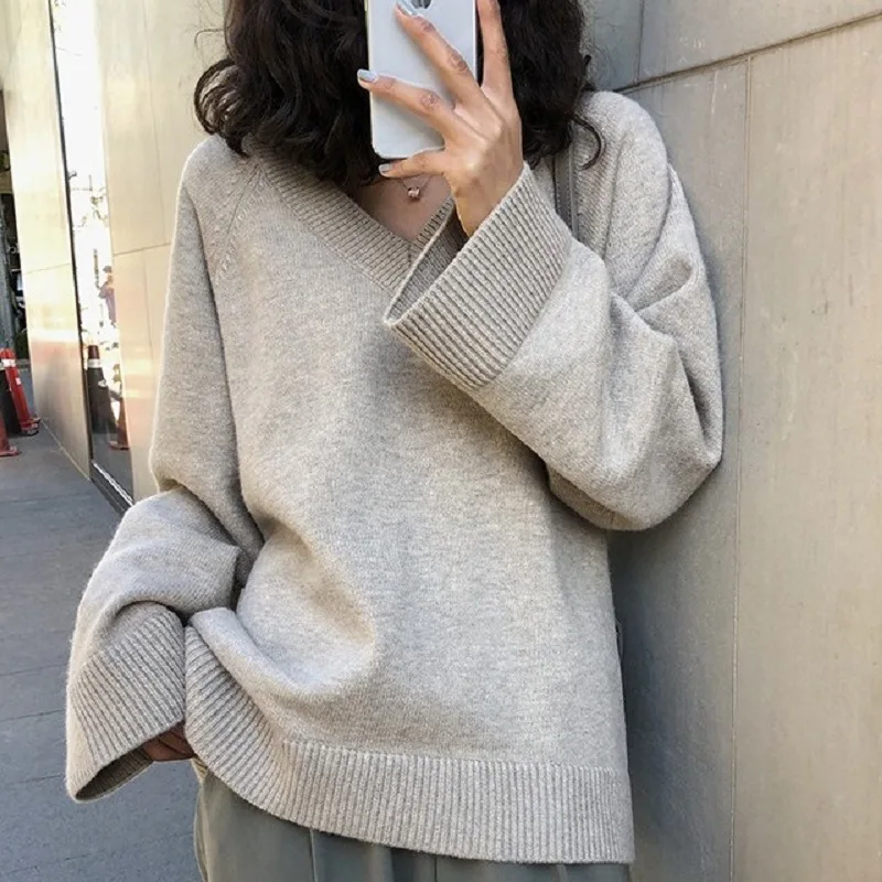 

New Style Autumn And Winter INS Korean-style Loose-Fit Laziness-Style V-neck Long Sleeve Pullover Base Sweater Women's Solid Col