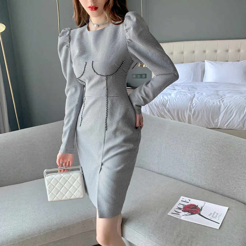 

Retro palace style high waist plaid French temperament long sleeve slim houndstooth dress