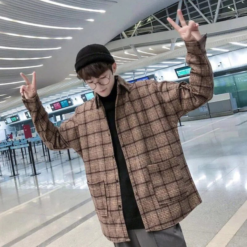 Шерстяное мужское клетчатое Ретро Новое корейское стильное уличное Harajuku шикарное мужское зимнее пальто смешанные универсальные свободные 2XL повседневные трендовые горячие новые - Цвет: 903khaki