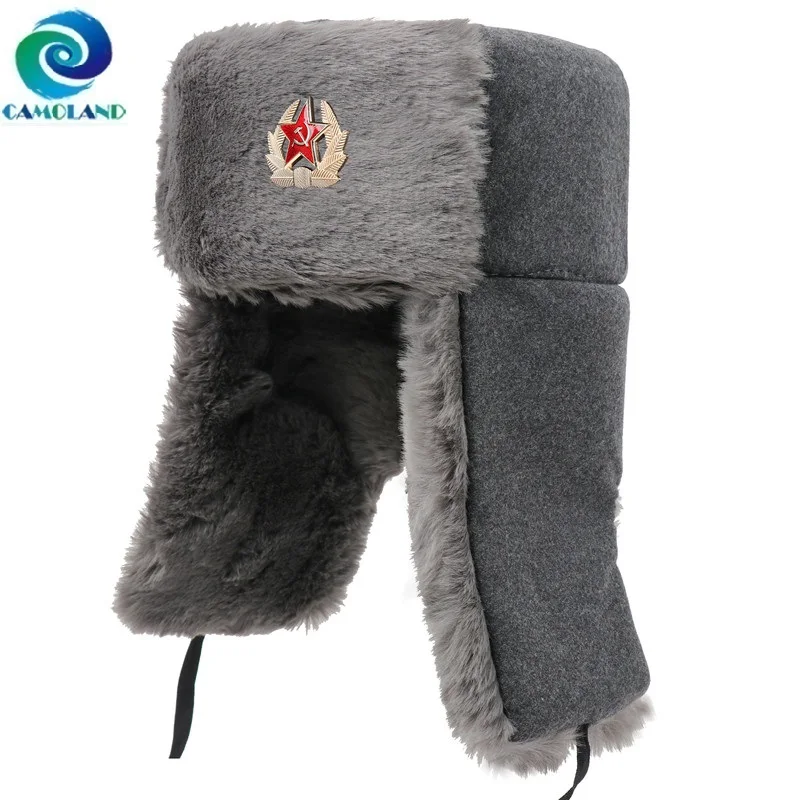 Winter Hat Soviet Army Military Badge For Women Men Warm Bomber Hats Thermal Faux Fur Russia Ushanka Earflap Caps winter hat,fashion hat,earflap hat,faux fur hat