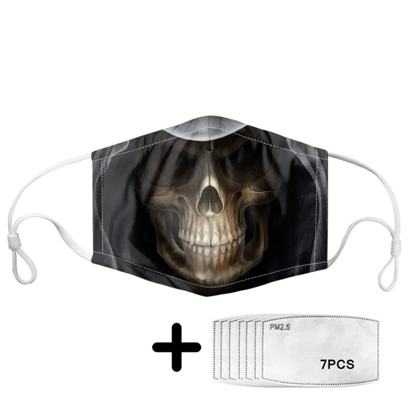 Skull Pattern Face Masks With 7pcs PM2.5 Activated Carbon Filter Paper Reusable Mask Unisex Elastic Breathable Soft Mascaras |