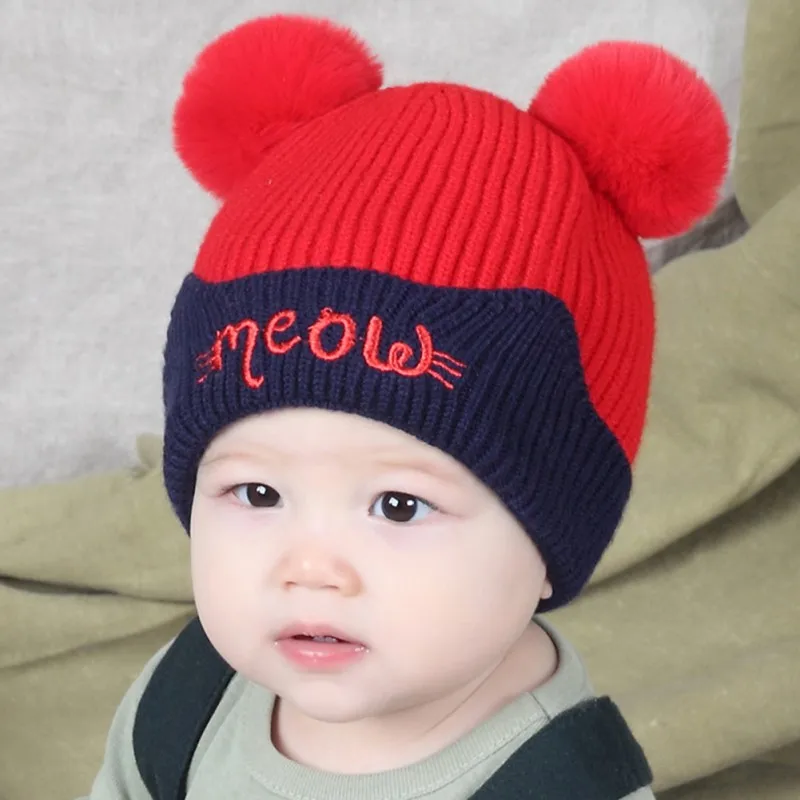 Baby Kids Girl Boys Hats Cartoon Print Cotton Double Pompom Hat For Newborn Winter Kids Caps New Bonnet Baby Hat