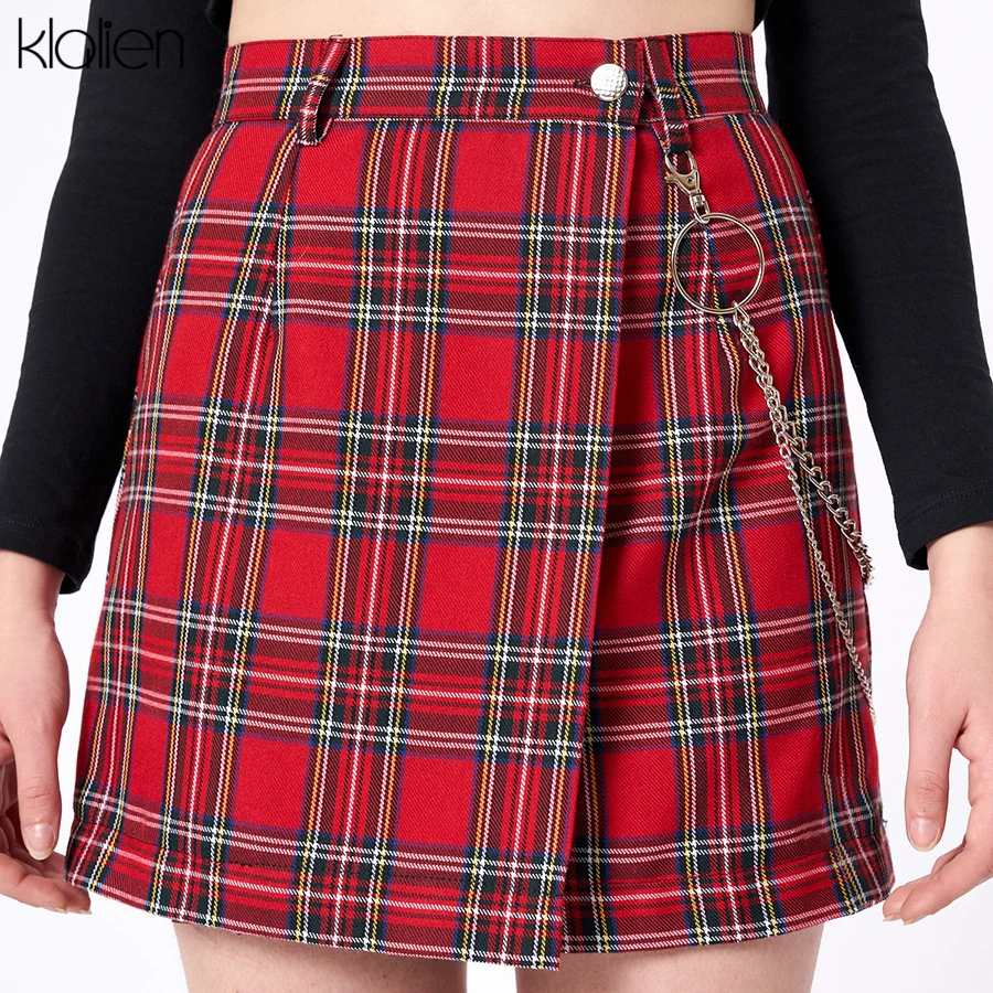Klanien, весенние винтажные красные клетчатые мини юбки для женщин,, летняя мода, офисные, Клубные, вечерние, повседневные, короткие, плиссированные юбки, mujer