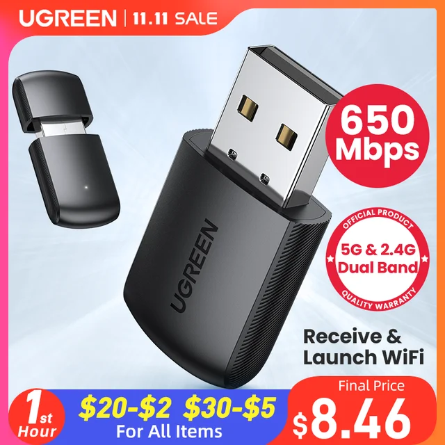 UGREEN Wifi Adapter Wireless Adapter 650Mbps USB WiFi 2.4G & 5G Network Card for PC Computer USB WiFi Adapter USB Ethernet WiFi 1