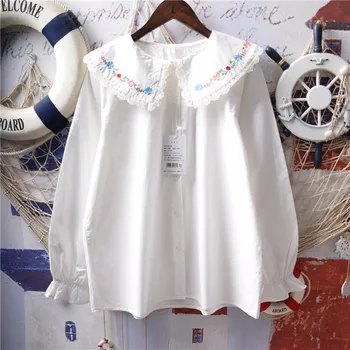Camiseta bohemia para mujer, blusa blanca, tops para mujer, estilo japonés kawaii de manga larga, Camisa lisa bordada 2020