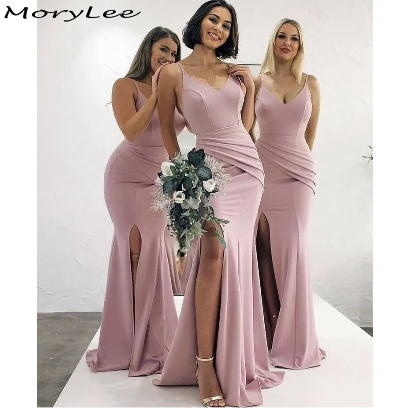 

Bridesmaid Dresses Mermaid Side Slit Spandex Satin Pleated Bridesmaid Dresses Lace Up Back Wedding Party Bridesmaid Gowns