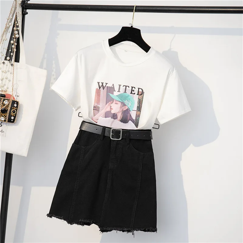 

2019 Summer New Style Large Size Dress Fat Mm Korean-style Slimming Loose-Fit Printed T-shirt Denim Skirt Two-Piece Set Women's