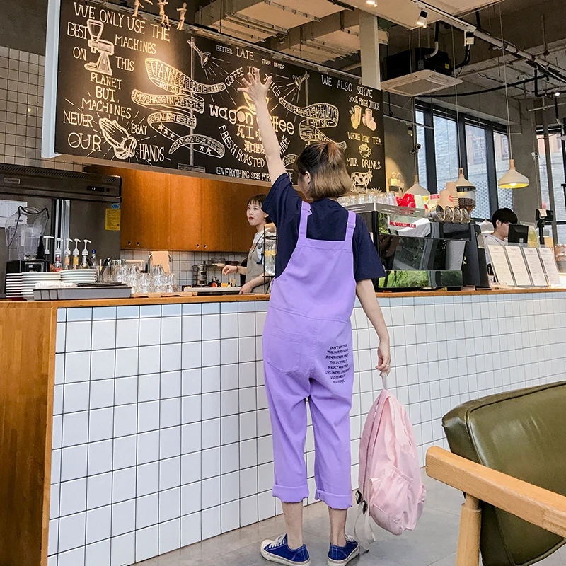Комбинезоны для женщин с буквенным принтом фиолетовый Harajuku простой в Корейском стиле студенческие женские Комбинезоны свободные Kawaii повседневные до середины икры шик