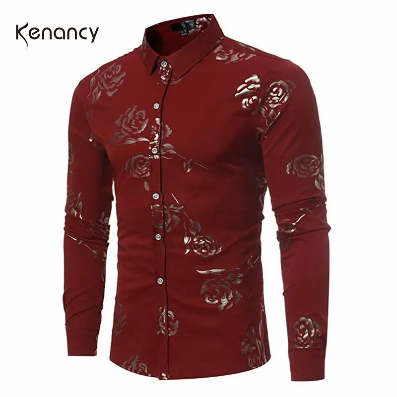 Hemiks Men'S Nightclub Shiny Golden 3D Rose Printed Shirts Slim Fit Button Down Party Dress Shirt Business Casual | Мужская одежда