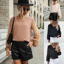

New Spring Autumn Fashion Women Long Sleeve Tops V-Neck Chiffon T Shirt Solid Casual Loose Streetwear Lace Female Clothes