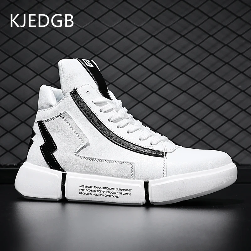 

KJEDGB New High-top Leather Men's Casual Shoes PU Soles Comfortable Sneakers Men Black White Gray Spring/Autumn Dropshipping