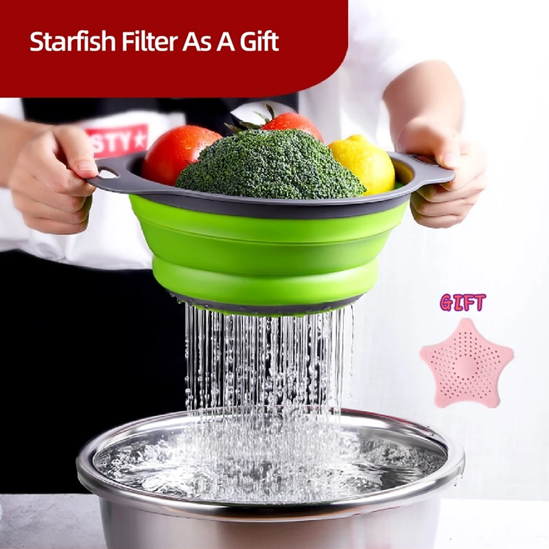 

Collapsible Silicone Colander Folding Kitchen Strainer With Handle For Pasta Fruits Potato Meat Vegetable Kitchen Tools