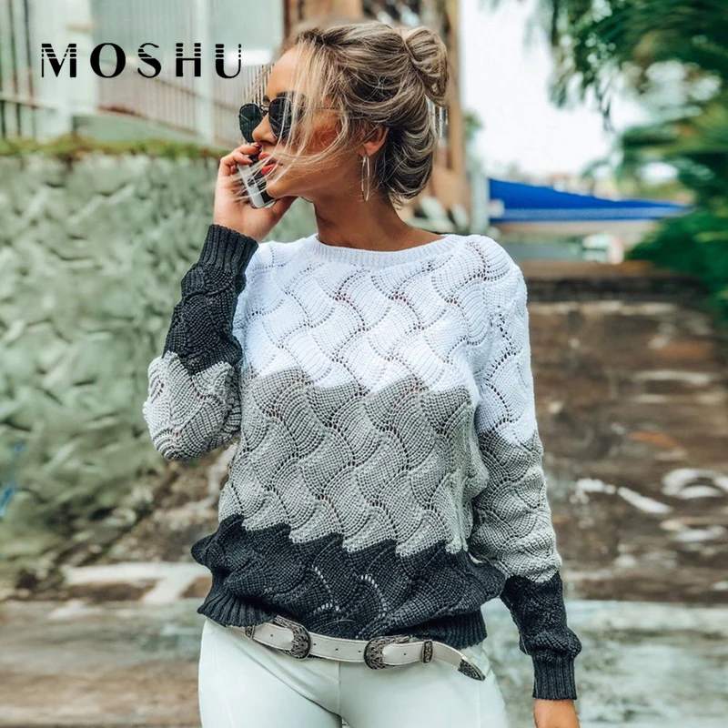 

Knitted Pullover Sweater Women 2019 Winter Patchwork Color Long Sleeve Crewneck Vintage Ladies Pullovers Jumper Mit Streifen