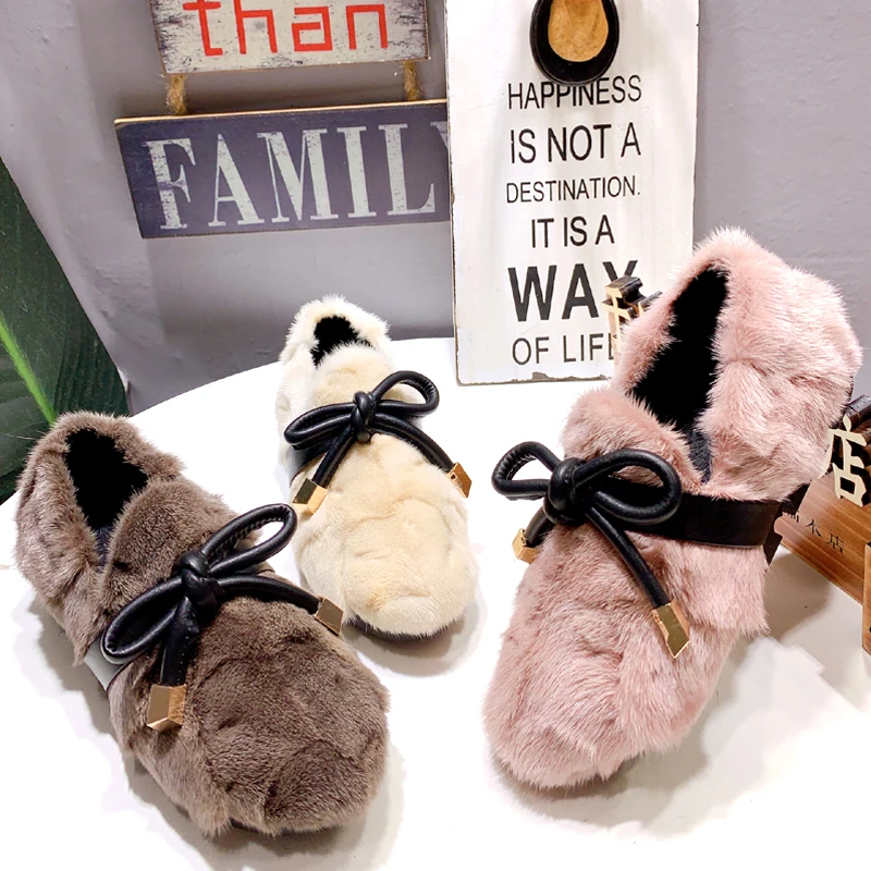

2020 New Fashion Winter Warm Fur Flats Bowknot Women Casual Loafers Platform Creepers Espadrilles Mink Fur Flat Shoes Woman