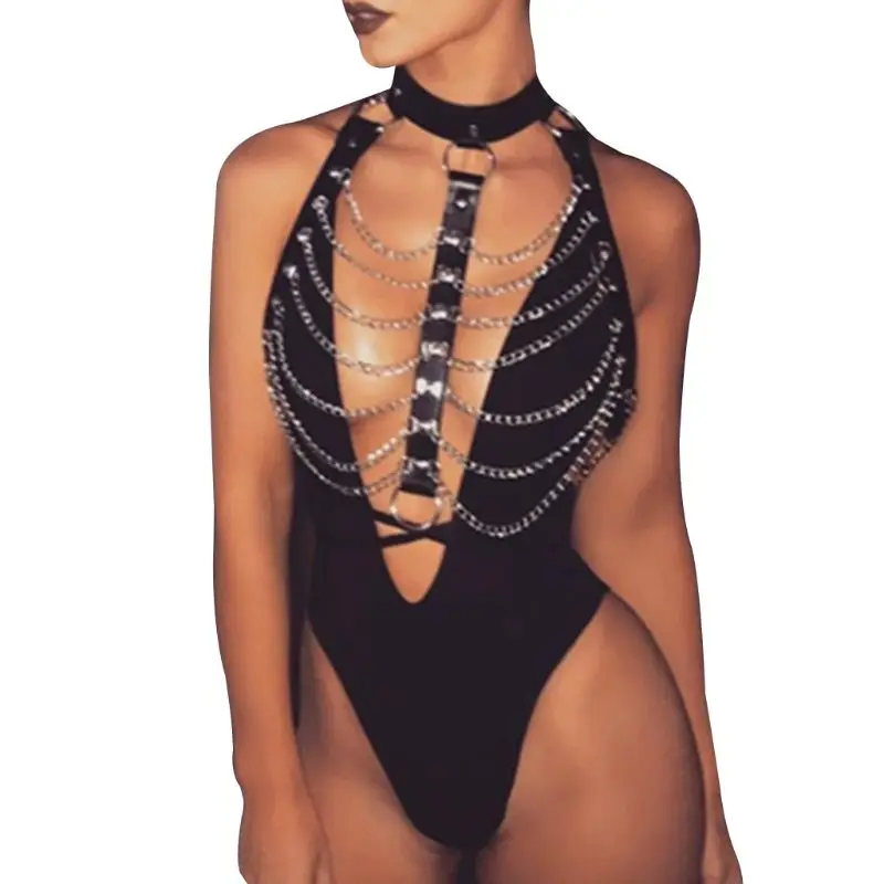 Womens Sexy Punk Chest Harness Adjustable Caged Waist Belts Metal Body Chain Faux Leather Chocker Necklace Roleplay Clubwear |