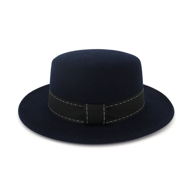 Navy fedora FS Wo, мужская шапка-котелок, Осень-зима, шерстяной джазовый фетр, фетровые шляпы для мужчин, с широкими полями, Трилби, Кепка из свиного пирога, сомбреро, с черной лентой - Цвет: Navy fedora