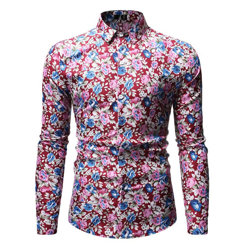 Red Модные мужские рубашки camisa Гавайский стиль мужские блузки Топ Досуг Печать с длинными рукавами рубашка Мужская Уличная мужские рубашки - Цвет: Red
