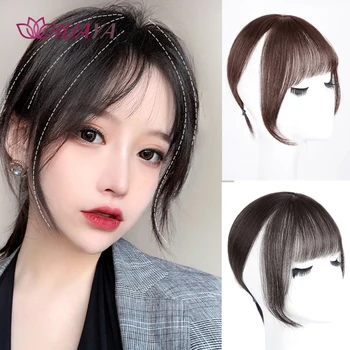 

HUAYA Natural Black Bangs Short Straight Clip Closure Hair Extension Middle-part Bangs Top Hair Pieces Synthetic Half Head Wig