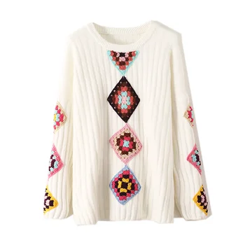 

Chinese Spring and Autumn New Women's round neck color matching jacquard diamond embroidery long sleeve Pullover