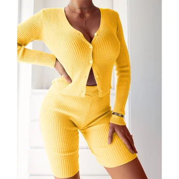 

Knitted Two Piece Set 2020 Summer Purple Knit Crop Top V Neck Long Sleeve And Mini Bodycon Shorts Casual Women Outfit Sexy