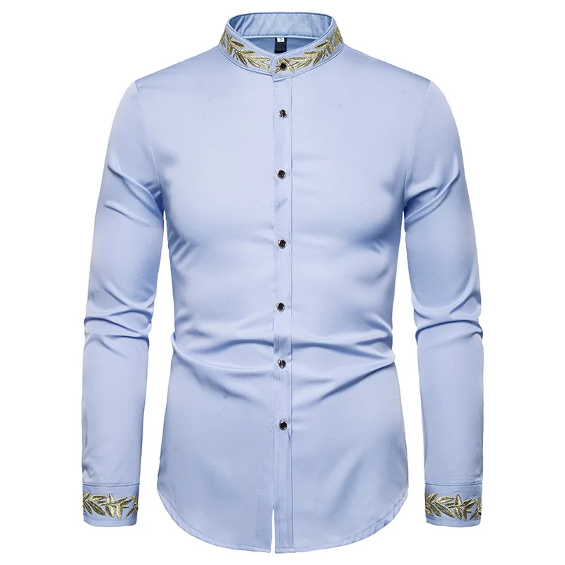 Corsion Mens Casual Long Sleeve Gold Embroidery Blouse Male Button Dress Shirt Top
