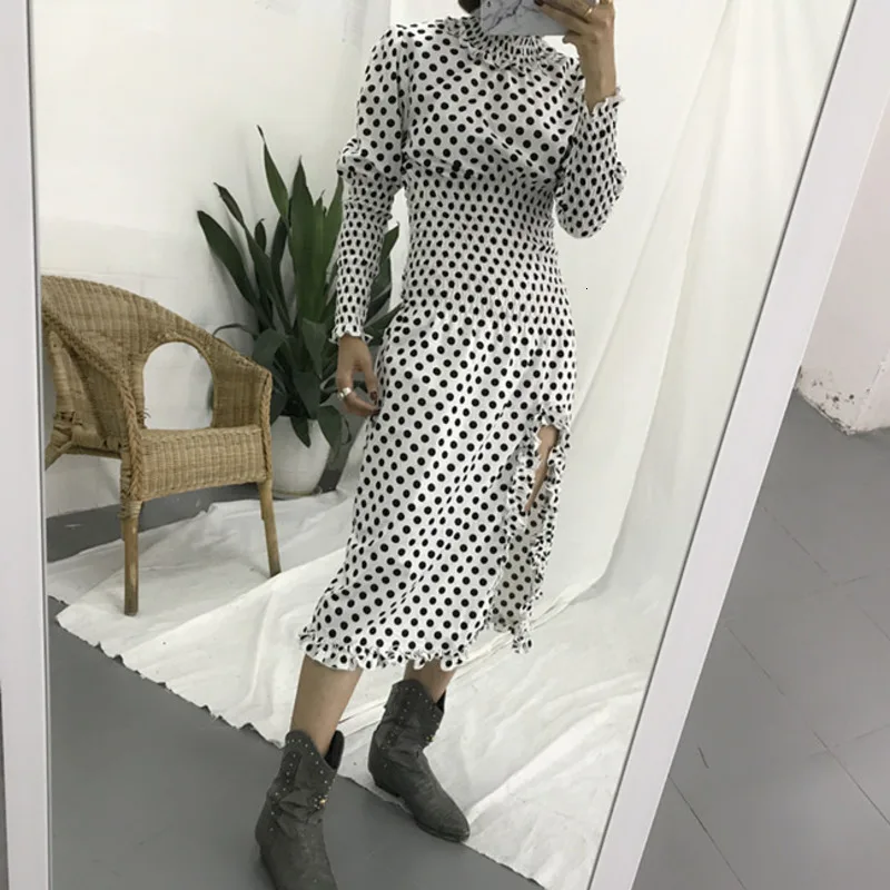 

LANMREM 2019 autumn and winter turtleneck polka dots lantern sleeves ruffles pleated ealstic sexy thin dress vestido WE21900