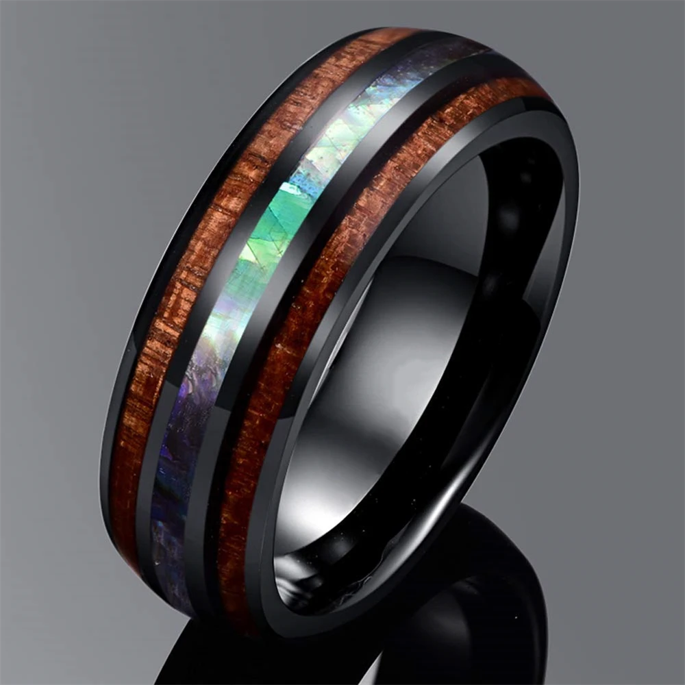 Anillo Compromiso Tungsteno Anillo De Tungsteno Para Hombre Con Concha De Abulón - Negro, Gris Y Rosa - 8 Mm - Tallas 49 A 72 - Ideal Para Compromiso O Regalo Vakki