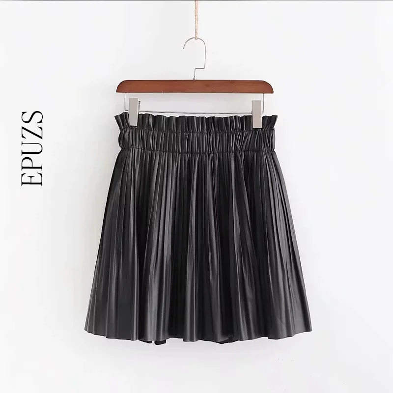 Fashion black PU fur leather skirts womens Summer elastic high waist skirt 2019 sexy chic Pleated skirt femme Streetwear