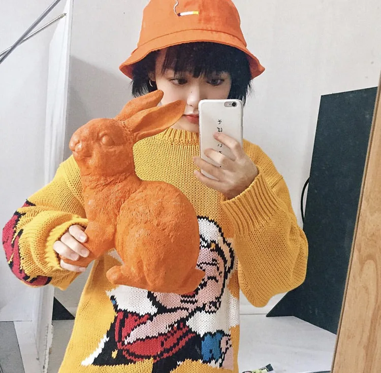 Оранжевый Harajuku вышивка сигарета ведро шляпа Женская милая шляпа