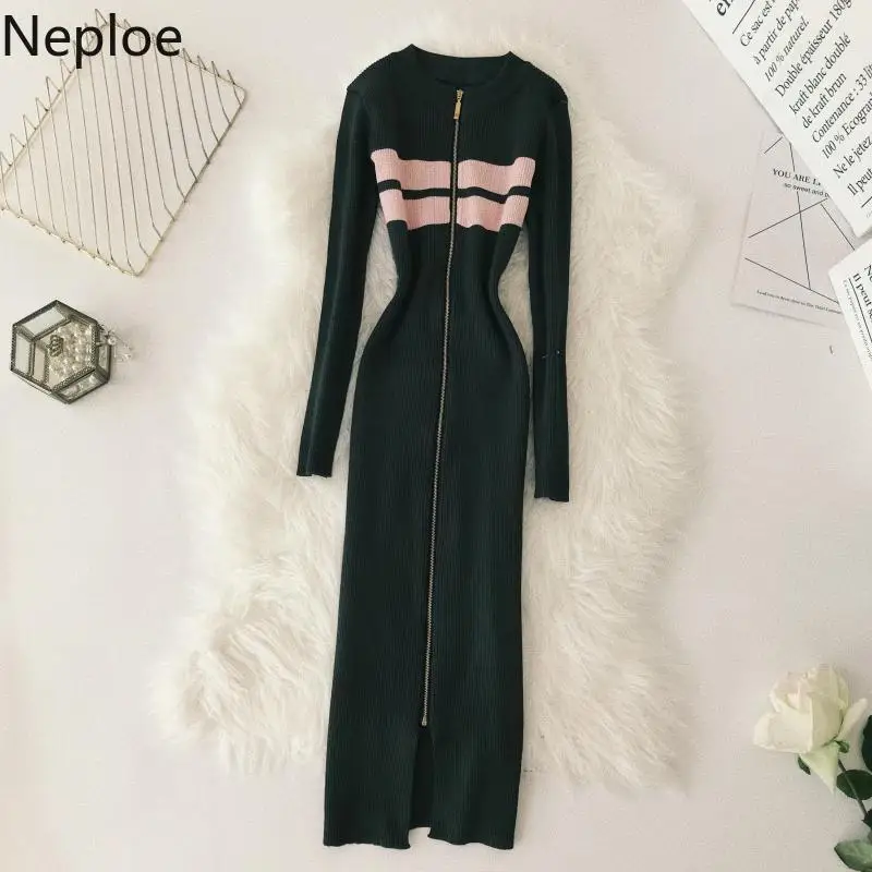 

Neploe Autumn Winter Zipper Color Contrast Dress Sexy Slim Waist Hip Maxi Party Knit Sweater Vestido Korean Striped Ropa 46671