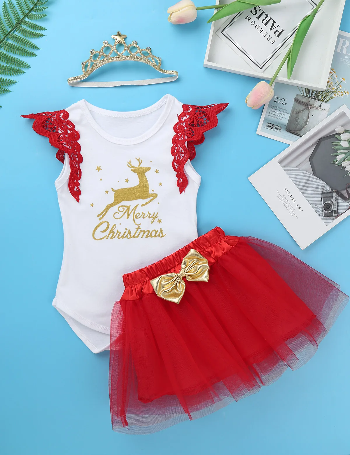 Рождественский костюм для маленьких девочек Рождественский костюм комбинезон с рукавами-крылышками и принтом оленя с юбкой-пачкой из сетки одежда для ролевых игр