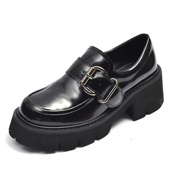 

Platform platform shoes women 2020 autumn and winter thick heel black ladies small leather shoes round toe work shoes