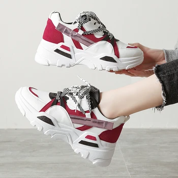 

2020 Fashion Women Chunky Sneakers Platform Tenis Female Lace Up Trainers Brand Casual Shoes Woman Leather Vulcanized Shoes 5cm