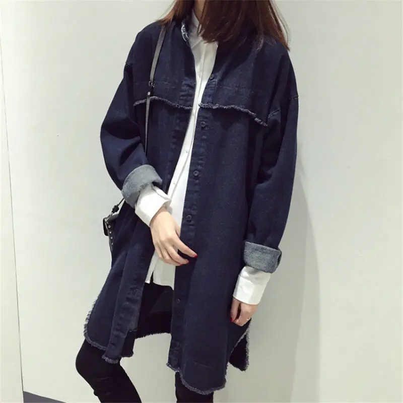 Весенняя и Осенняя джинсовая куртка Женская свободная Корейская Harajuku большой размер длинная Повседневная ветровка винтажная джинсовая рубашка пальто f2675 - Цвет: dark blue
