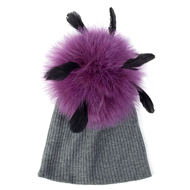dark gray purple Осенняя и зимняя шапка для младенца дети ребристый галстук краситель шапка прочный мягкий хлопок для маленьких мальчиков шапка для девочки страусиное меховое шапки с помпонами - Цвет: dark gray purple