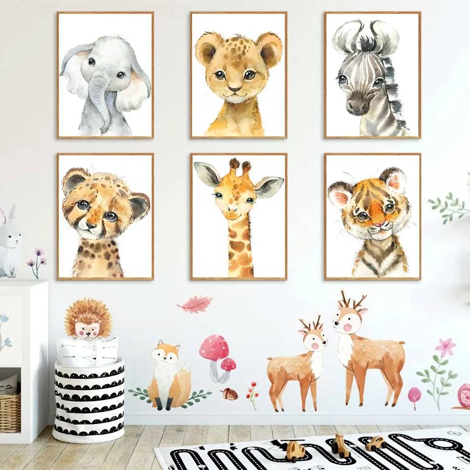 

Cute Elephant Lion Tiger Leopard Zebra Giraffe Wall Art Canvas Painting Nordic Posters And Prints Wall Pictures Kids Room Decor