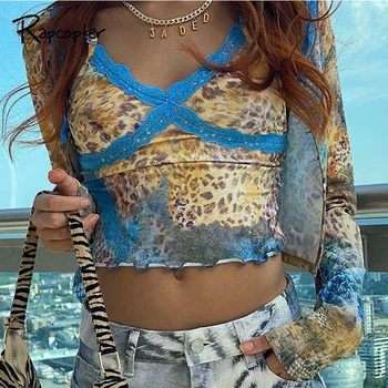 

Rapcopter Leopard Print Y2K Tops Women Lace Patchwork Crop Top Frill Tank Tops E-Girl Camis Summer Top Ladies Party Clubwear New