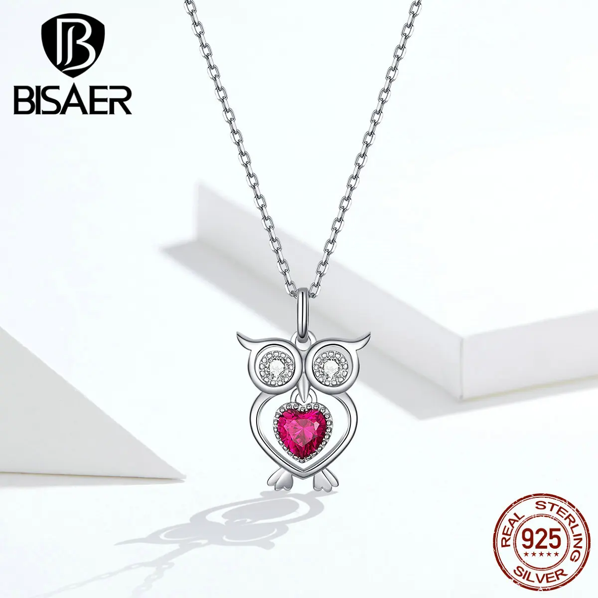 

Owl Necklaces BISAER 925 Sterling Silver Lovely Owl Pendant Necklaces for Women Pink Cubic Zircon Collar Jewelry EFN110