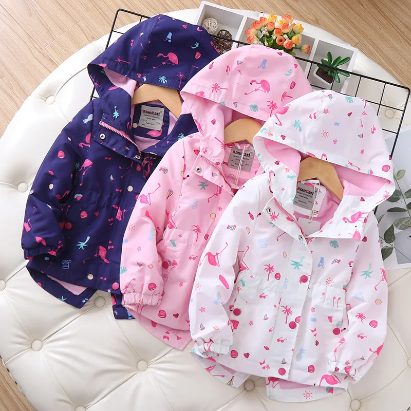 

Fashion Baby Girl Windbreaker School Girls Jacket Autumn Winter Coats Kids Flamingo Outdoor Hooded Floral Print Coat Outerwear