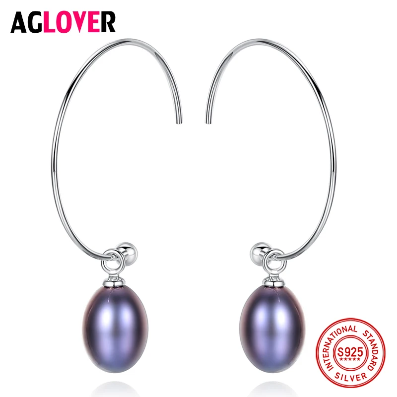 

AGLOVER New 925 Silver Earring Big Half Circle Earrings Natural Freshwater Pearl Drop Earrings For Women Gift Fine Jewelry Party