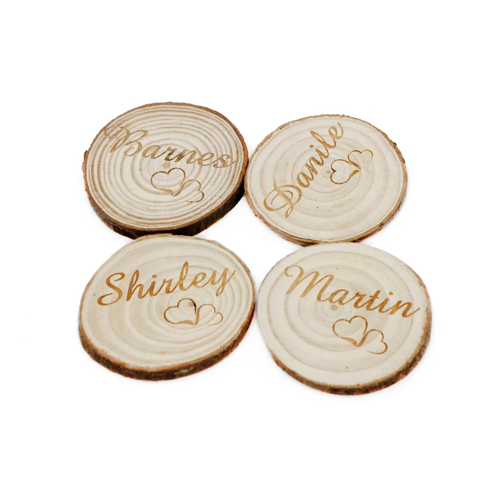 engraved log slices wedding favour name places table decor 