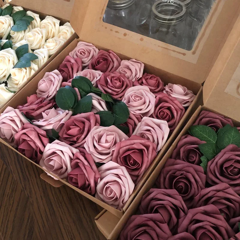 US Ship 25pcs Artificial Foam Rose Flower with Stem Decoration for Wedding Party 