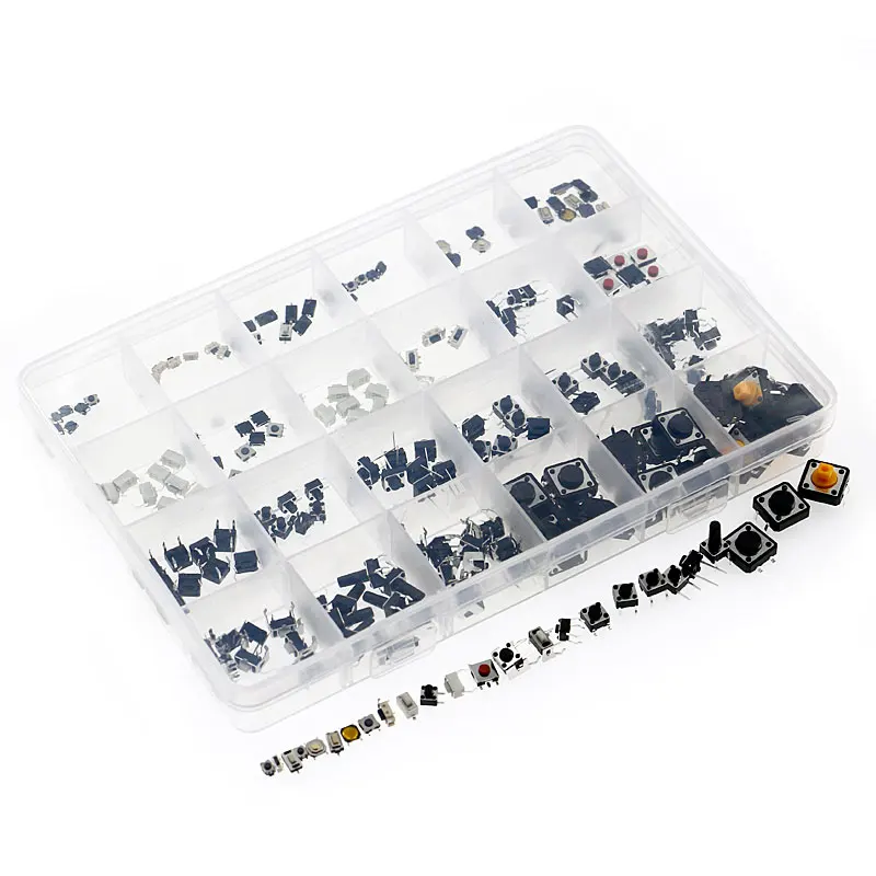 commonly used mixed switch packs tact switches micro switches key switches 12 types in total 10 pieces each component package 250PCS/Box Micro Switch Assorted Push Button Tact Switches Reset 25Types Mini Leaf Switch SMD DIP 2*4 3*6 4*4 6*6 Diy Kit